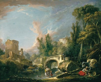 Flusslandschaft mit Ruine und Brücke von François Boucher